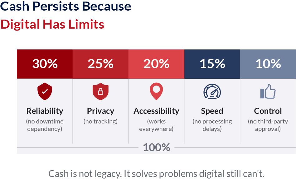 Bar Chart Showing Reliability Privacy Accessibility Speed And Control As Reasons Cash Remains Relevant